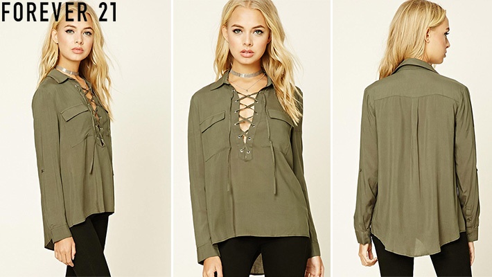 Forever 21 Olive Green Lace-Up Shirt